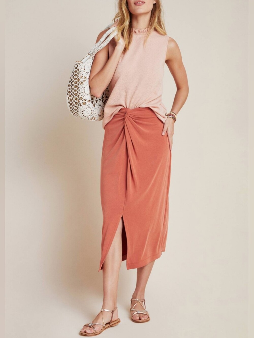 ANTHROPOLOGIE ORANGE TWIST FRONT JUNIE MIDI SKIRT Sz XS